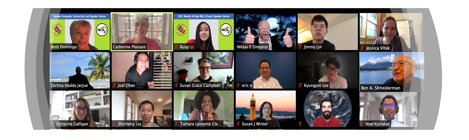 A picture of a Zoom meeting with numerous smiling members of the HCIL.