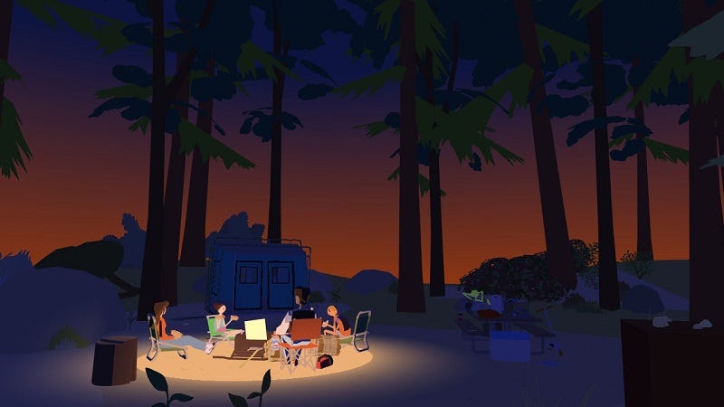 Cloanne, Mord, Brad, and Ben enjoy an evening around a campfire during their weekend camping trip.