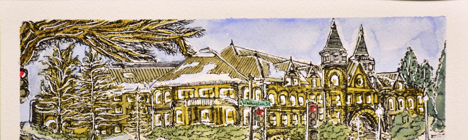 A drawing/watercolor of the Old Capitol Building in Olympia, WA.