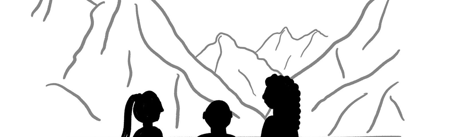 Illustration of three people overlooking a mountain view. One person has a dog on a harness and a walking stick, another person has a prosthetic leg.