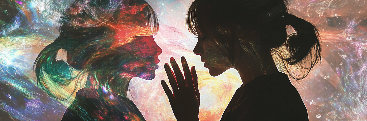 Two silhouetted figures face each other, their hands almost touching, creating a sense of deep connection. The background is a swirling, cosmic blend of vibrant colors and light, giving the impression that the figures are reflections of each other within a vast, mystical universe. The image evokes themes of self-discovery, inner truth, and the mirrored nature of human experiences.