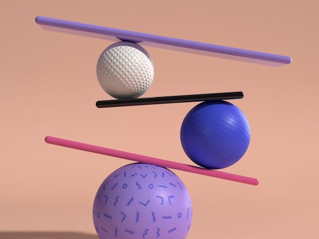 Three balls on top of each other, imbalanced on small planks