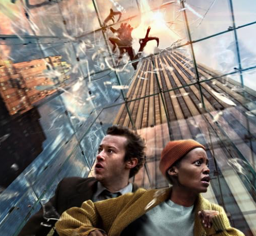 A black woman in a hat and yellow sweater and a young white man are in terror as they are under a glass dome with monsters falling down on top of them in New York City. A Quiet Place Day One, movie review, film, critic review, horror.