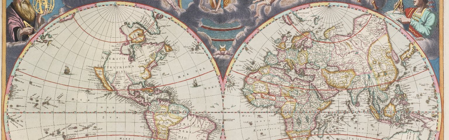 Hand coloured, highly ecorative double hemisphere map of the world. Representations of the four seasons appear along the bottom of the map. Portraits of Danish astronomer, Tycho Brahe and Galileo, andorn the top corners, with several classical deities appearing on clouds in between.