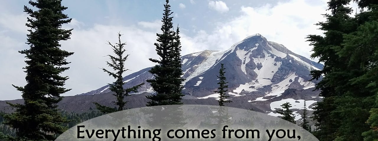 A mountain scene with a quote from 1 Chronicles 29:14.