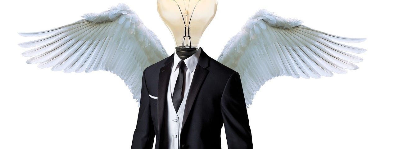 IMAGE: A person wearing a suit and a tie, with a light bulb instead of head and angel wings, symbolizing venture capitalists and/or angel investors