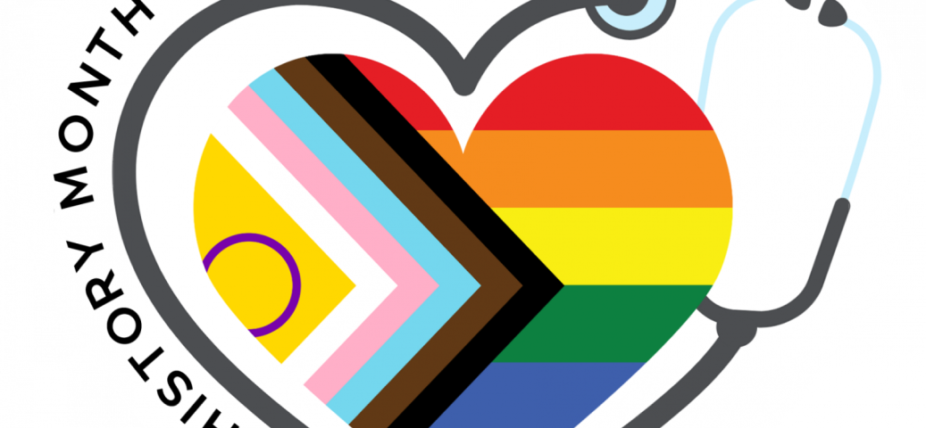 LGBT+ History Month 2024 logo, which is a stethoscope shaped into a heart, surrounding a progress pride flag