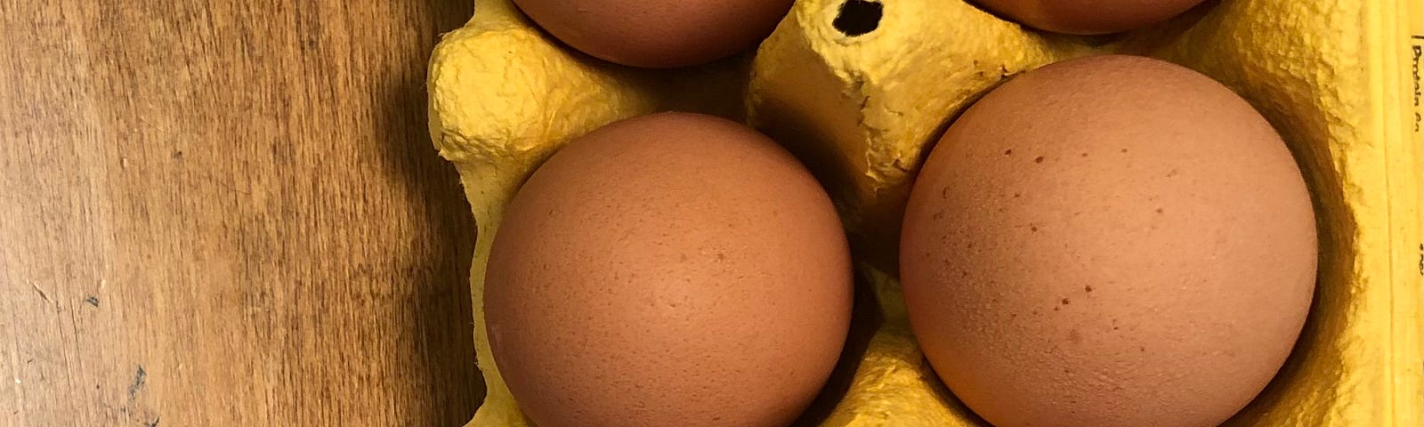 A dozen brown eggs, one cream colored