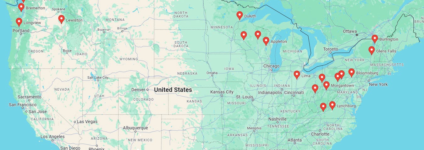 Screenshot of map of the United States with cities identified as safe places to live from natural disasters