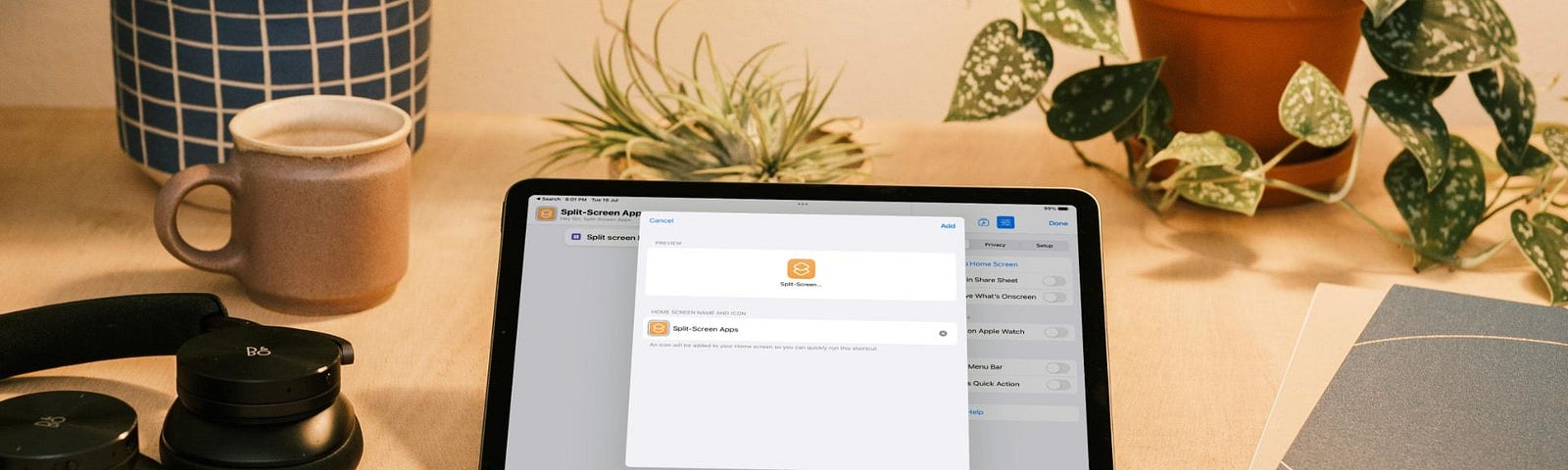 iPad on desk showing shortcut to open multiple apps in split view mode