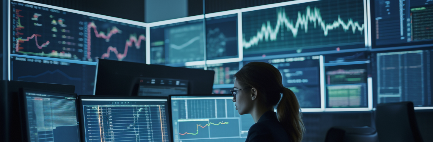 Image of Financial Analyst Examining Computer Screens