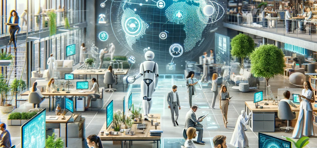 A futuristic office environment in 2030 depicting a blend of remote and hybrid work models. The scene shows an advanced technological workspace with AI integration, highlighting work-life balance and sustainability. A diverse group of people are engaged in various tasks, with some working remotely on digital devices and others collaborating in a modern, eco-friendly office setting.