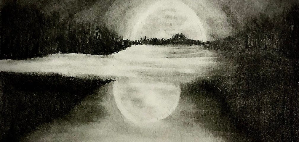 graphite sketch, moon, luna story, a haiku