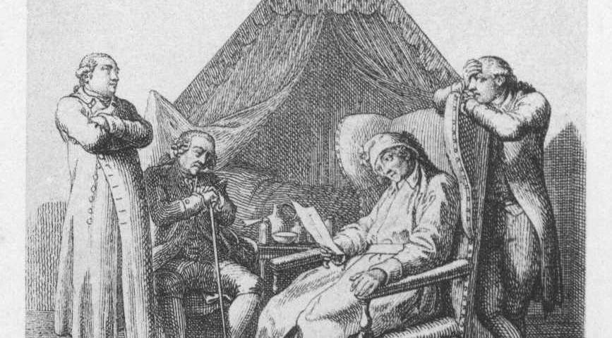 1782 engraving of old men reading a letter.