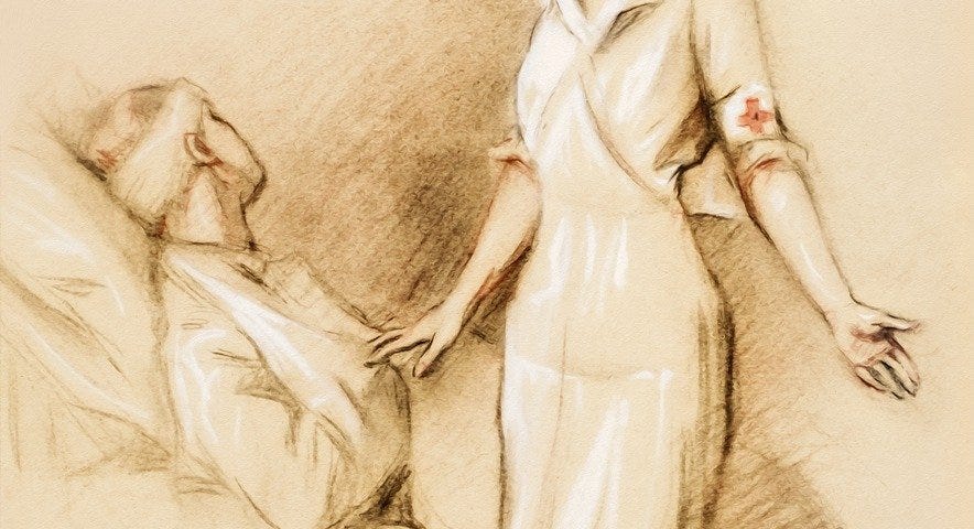 A charcoal sketch of an old fashioned nurse beseeching help for an injured paient, his face turned to the wall.