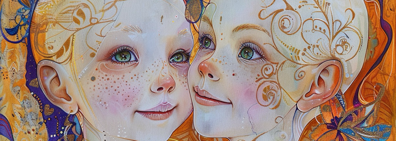 Fanciful and colorful artistic painting of two little girls with no hair. On their heads are henna-like designs.