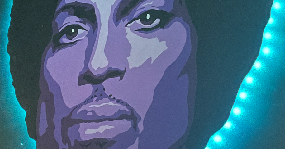 Illuminated color portrait of Prince.