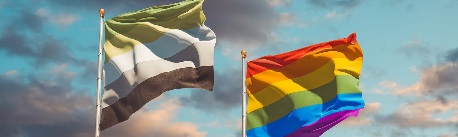 The aromantic flag next to the LGBTQ rainbow flag.
