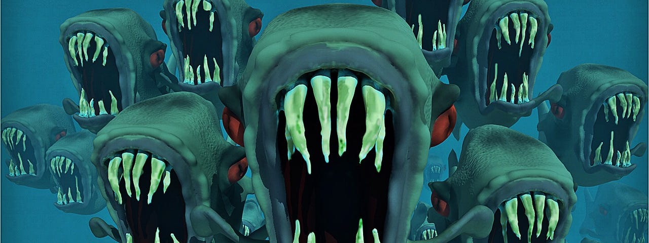 an illustration of a bunch of piranhas with their mouthes open showing big teeth