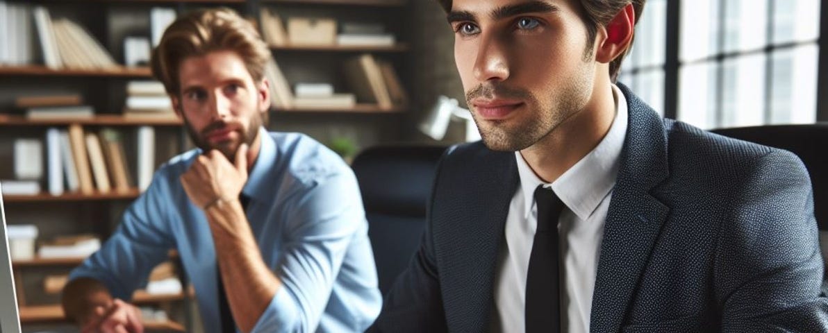 A man working on his computer and another man looking at him from his table.