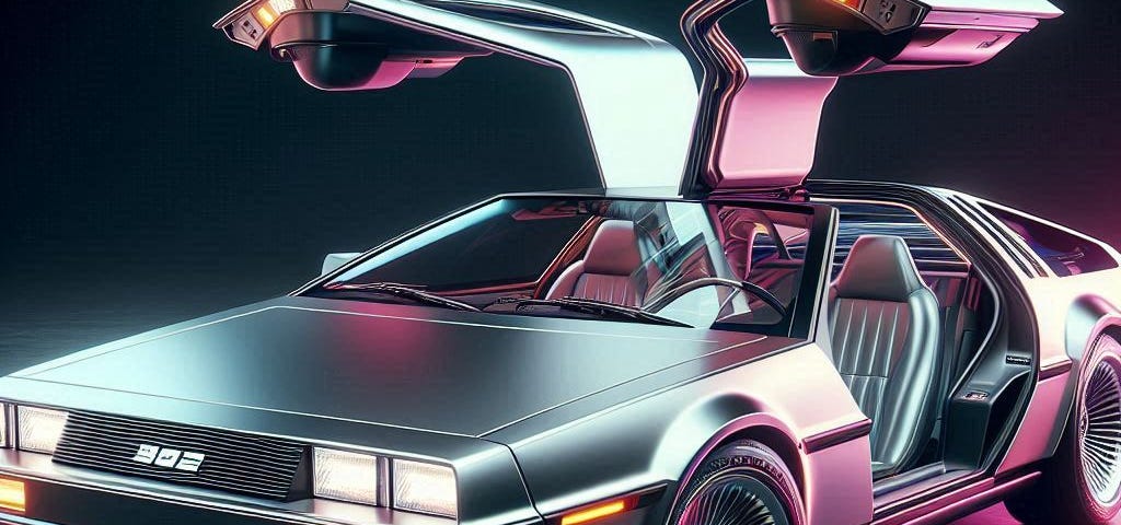 La imagen muestra un DeLorean DMC-12, un coche deportivo icónico conocido por sus puertas de ala de gaviota, su cuerpo distintivo de acero inoxidable y su motor montado en la parte trasera. El vehículo se presenta con las puertas abiertas hacia arriba y está iluminado por una luz ambiental que resalta su diseño futurista, lo que lo ha hecho famoso en la cultura popular.
