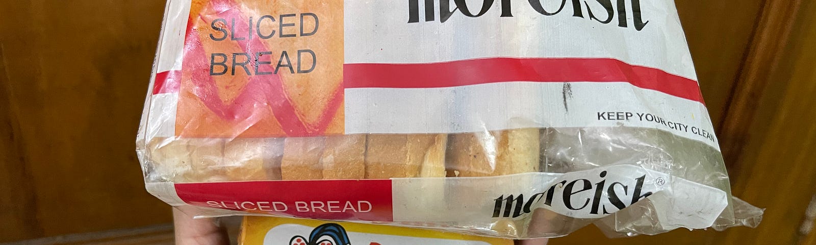 The same package of bread and butter in the above picture, which fits in the author’s left hand.