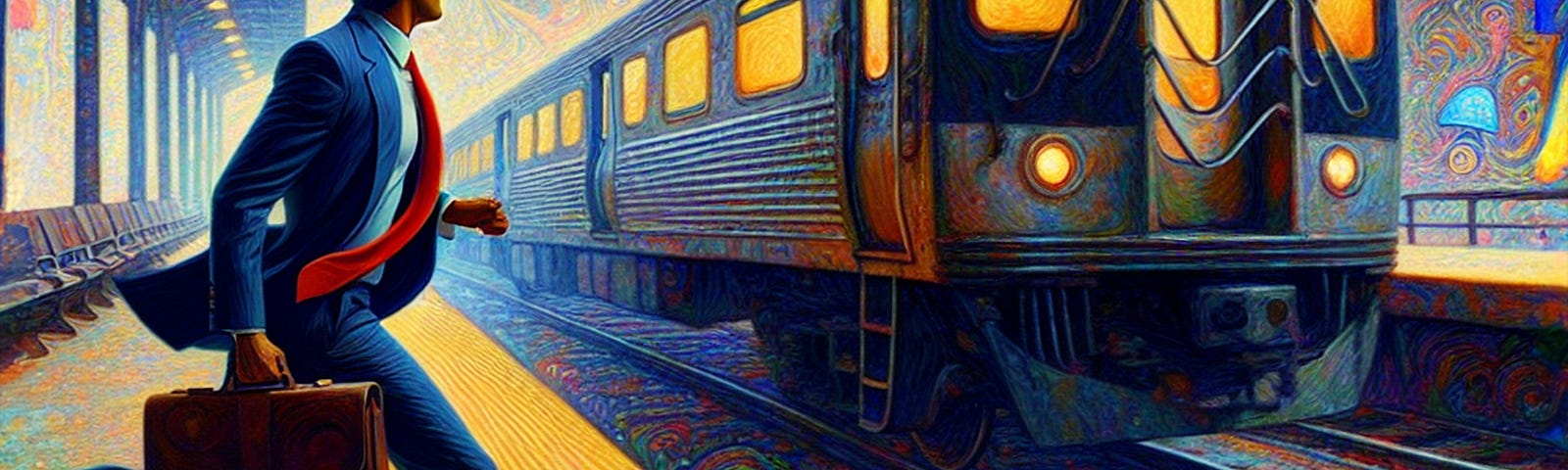 A man in a suit and tie with a briefcase running across a train station track with a train pulling in, generated using a psychedelic filter.