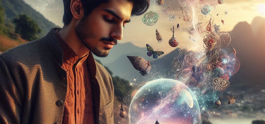 A young man reads a book outdoors and is surrounded by magical, multicolored orbs