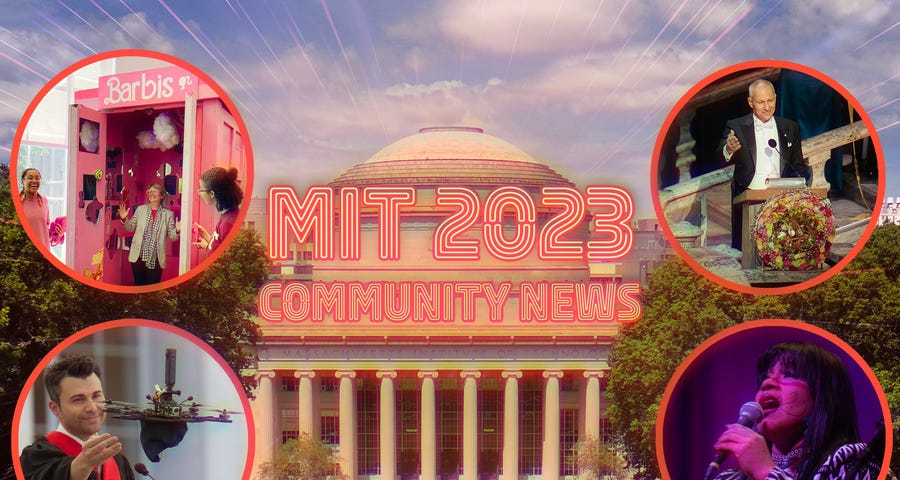 A collage of the MIT Dome in the background and four circular images of members of the MIT community.