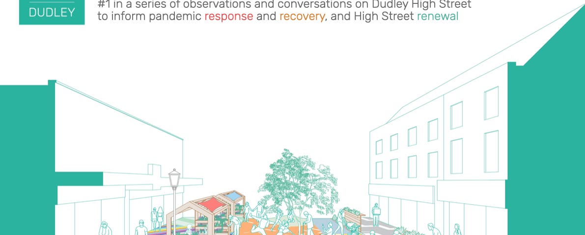 Front cover of a document with an outline drawing of Dudley High Street with trees down the centre, coloured pavements, people playing and market stalls