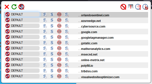 Screen shot of NoScript dialog for OrlandoSentinel.com shows 12 different domains from 10 different companies running scripts on the account creation page. This allows all of the 3rd parties to sniff the user session, including capturing credentials in real time as they are entered.