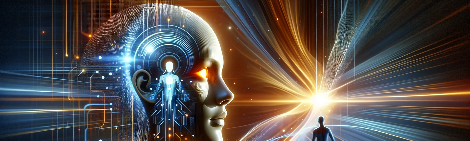 Futuristic image of a humanoid AI with a digital face displaying intelligence and charisma, persuading a human against a backdrop of digital waves and a sleek, modern environment.