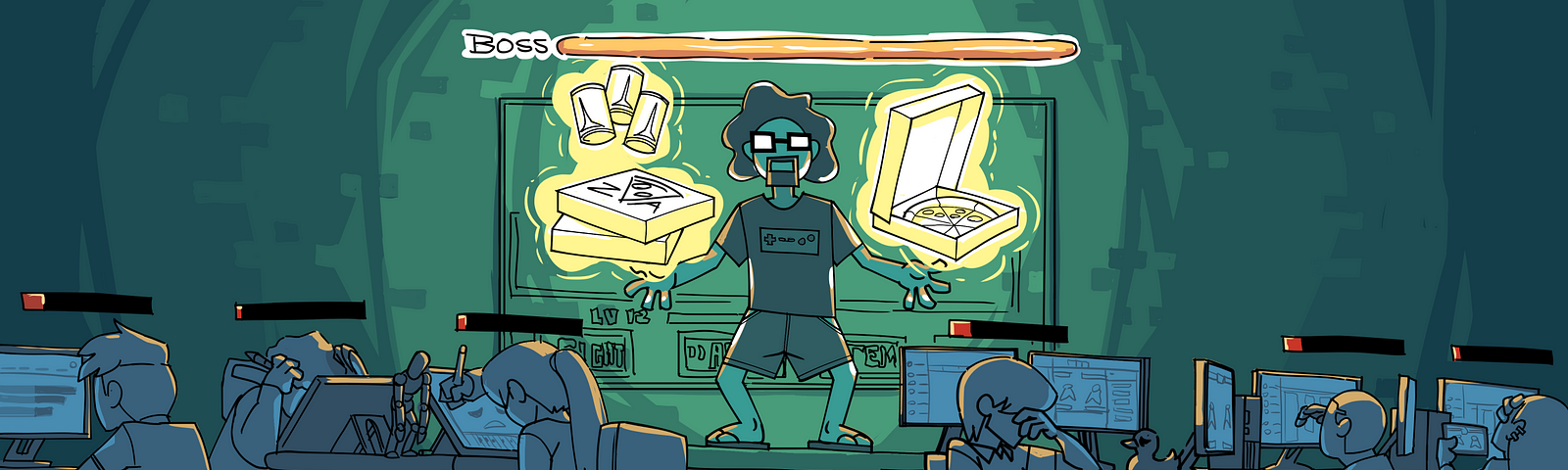 An indie employer stands on a table surrounded by exhausted employees, levitating stacks of pizzas and energy drinks