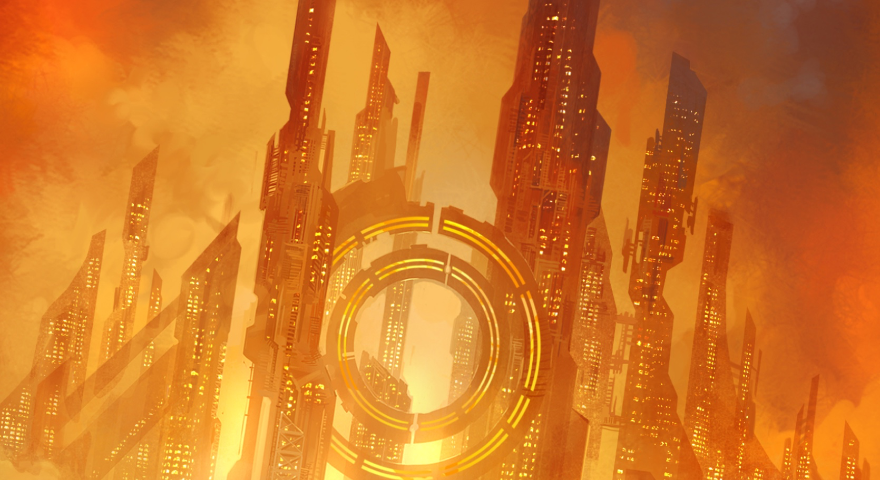 Image: A brilliant red, orange and gold sci-fi cityscape, prominently featuring a massive ringed stucture.