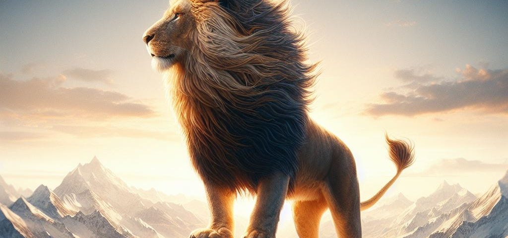 A Lion standing on a mountain peak with text “The King of the World”