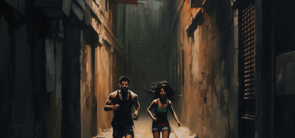 A man and woman running through a dark alley.