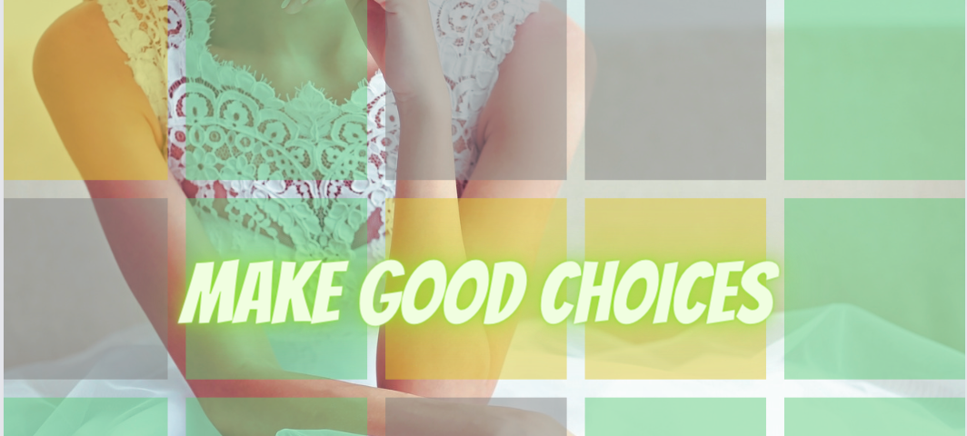 woman in wedding dress behind translucent wordle board — words say “make good choices”