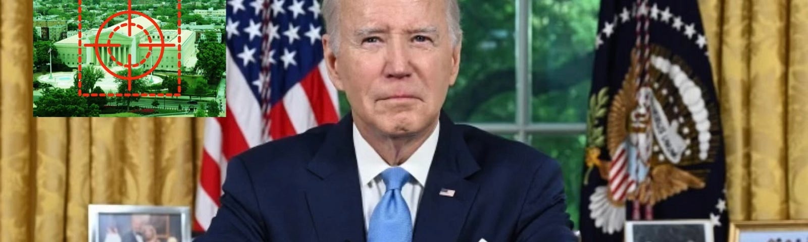 Still from TV of President Biden making an Oval Office address, news chyron has a channel 7 logo and says, “Breaking News — Biden Plans for Immunity” with an inset frame of a drone’s view: green tinted aerial view of the Supreme Court building with a red gunsight centered on it and display text reading, “MQ-1B Predator • special POTUS tasking / Status: loiter / Mode: target acquisition”