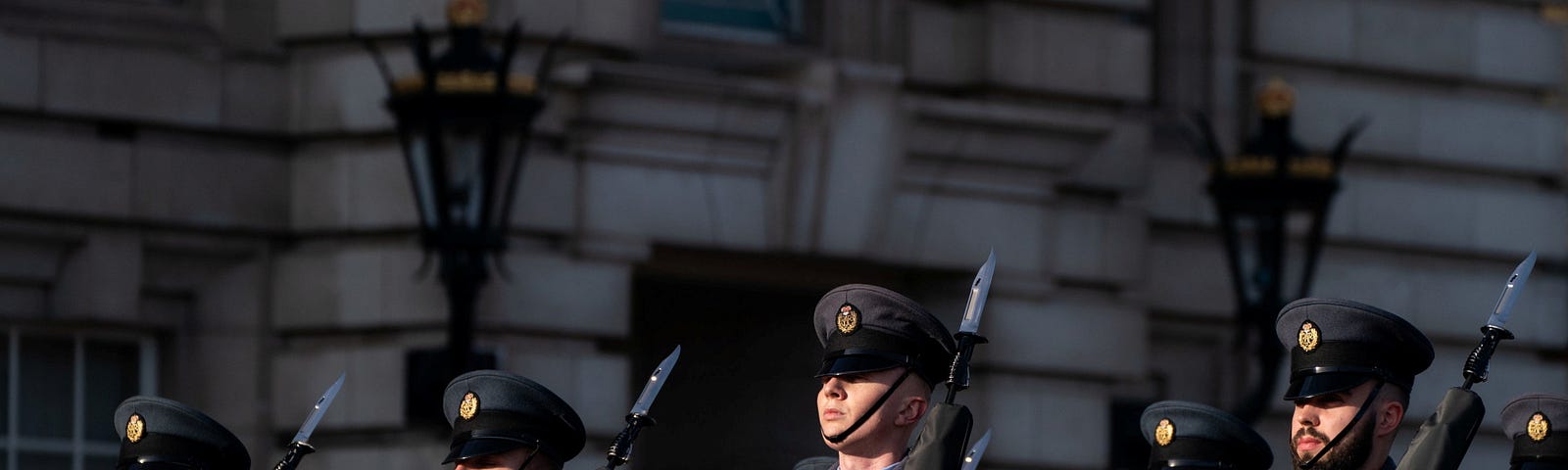 RAF troops during the Changing of the Guard ceremony on the forecourt of Buckingham Palace, London, February 1, 2022. Photo by Dominic Lipinski/Pool via Reuters