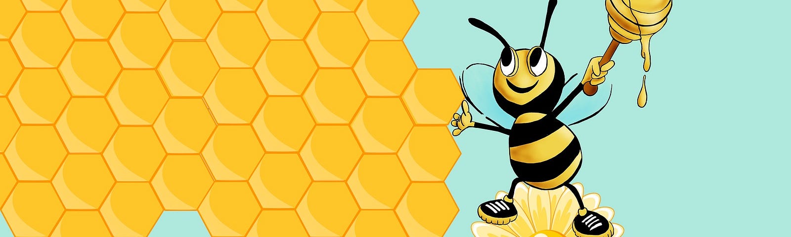 Cartoon picture of bee at honeycomb.