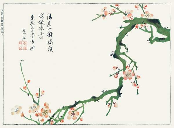 Japanese art of cherry blossoms on a branch, with a poem in kanji writing