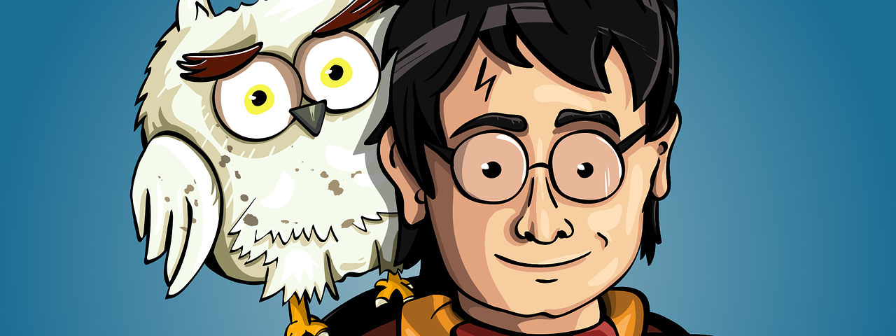 Cartoon Harry Potter with his owl Hedwig