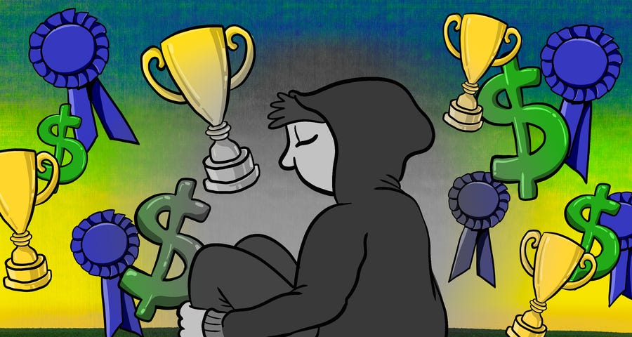 An illustration depicting a person sitting down with trophies, award symbols, and the dollar sign around them.