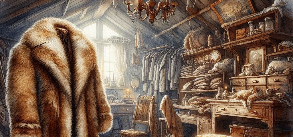 attic with fur coat, desk, chair, stool, barrel, dishes, framed picture, and other items in storage