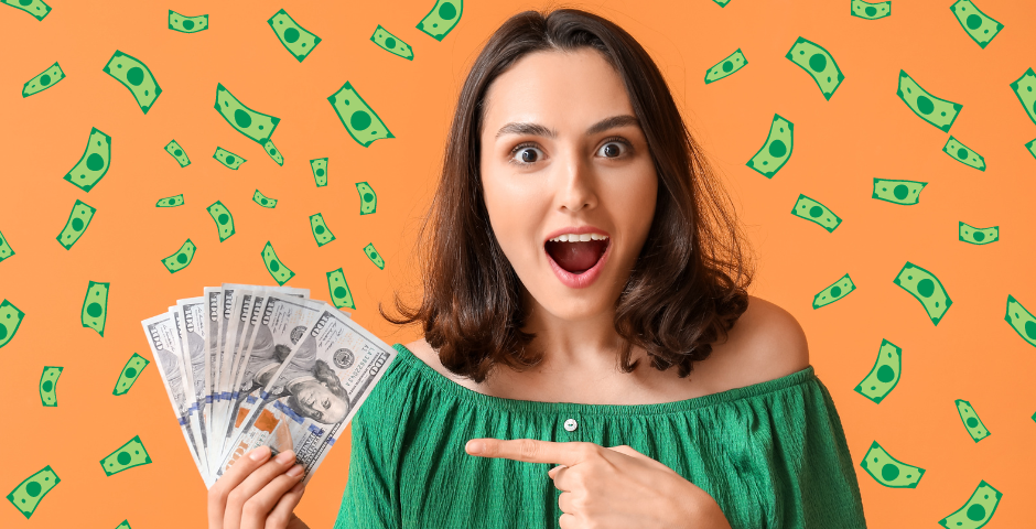 Image of a girl holding a wad of money while it’s raining dollar bills