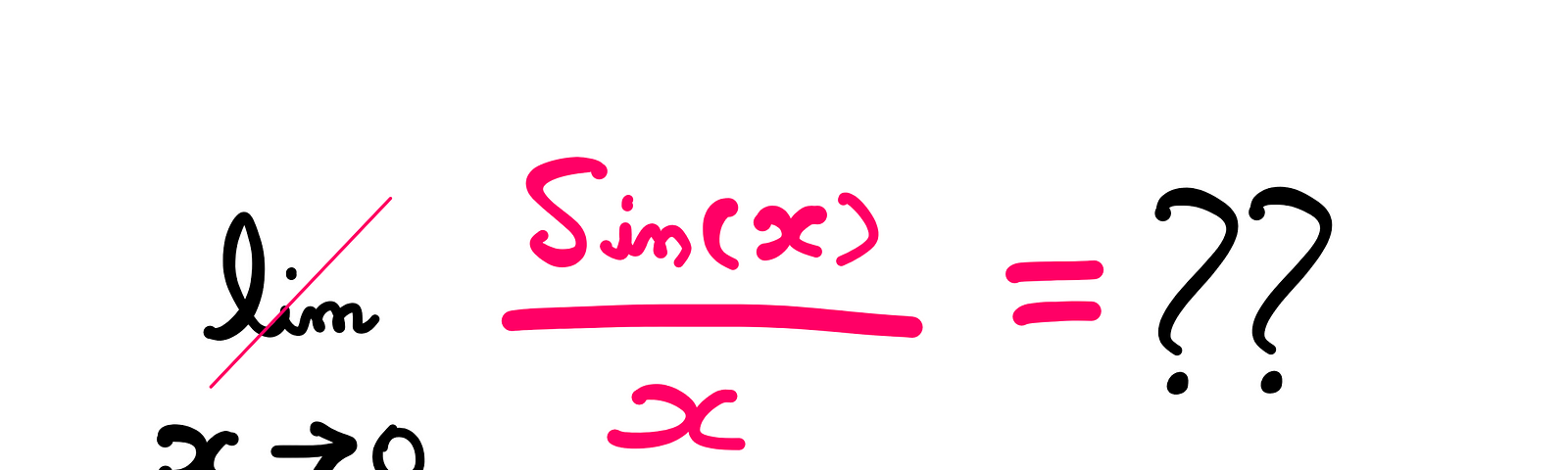 Calculus (IV): How To Replace Limits With Infinitesimals? — An illustration asking for the value of lim x →0, sin(x)/x = ??; The ‘lim’ limit is struck diagonally. What could this mean?