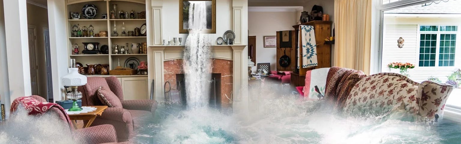 A living room full of water. Waves crashing over the sofas and waterfalls pouring frim the picture frames.