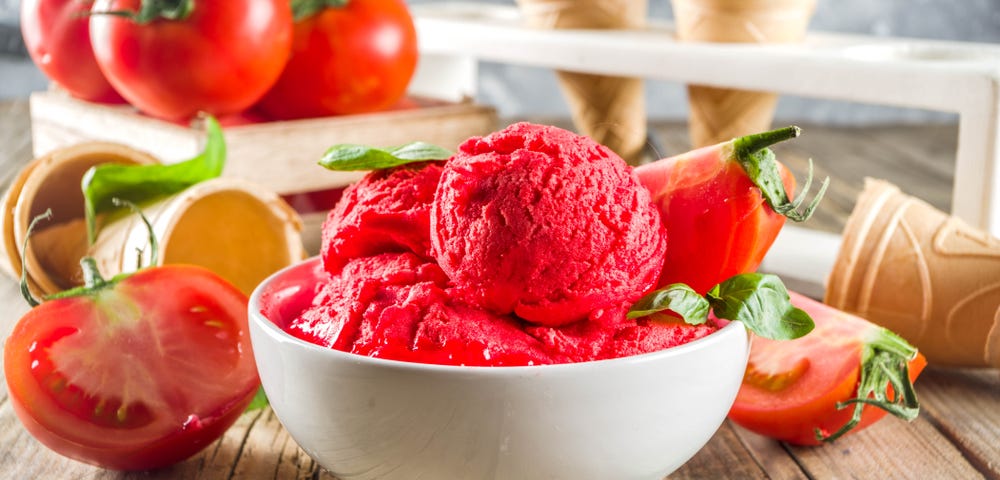Picture of ice cream made from tomatoes; vegetable waste products can often be used for new products