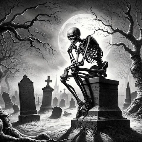 A black-and-white Victorian-style illustration showing a skeleton, hand on chin, pondering over a grave in a dark cematary at night.