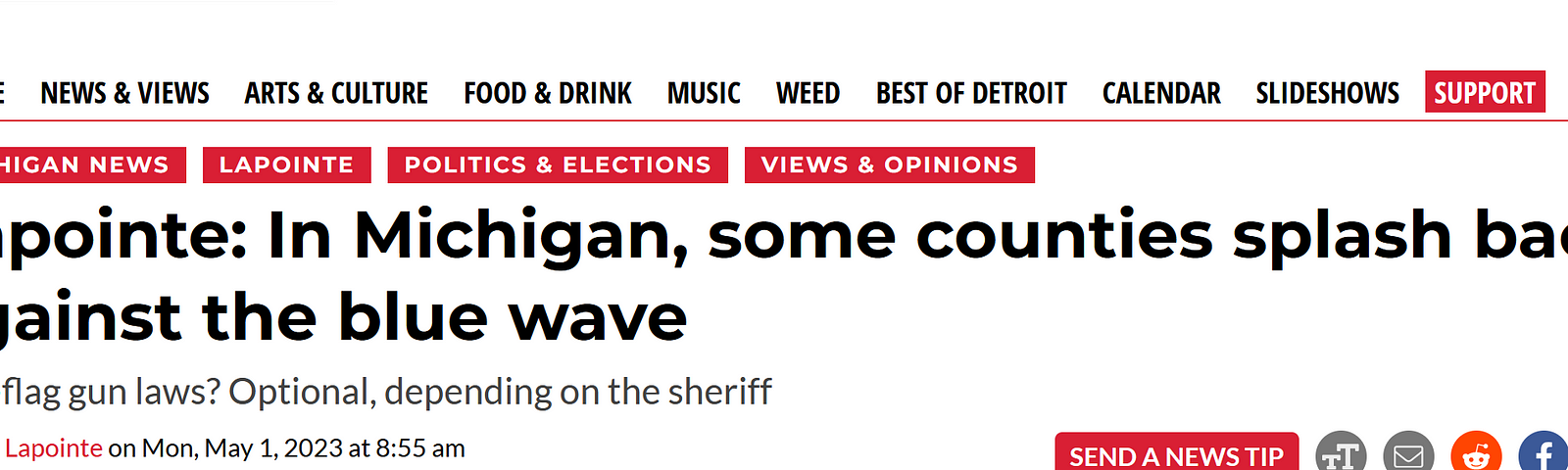 Screenshot of a headline from the Detroit (MI) Metro Times website, reading: “LaPointe: In Michigan, some counties splash back against the blue wave.” The screenshot is cropped to cut off a bit of the headline at either side, so as to avoid appearing to be the actual page it’s showing.